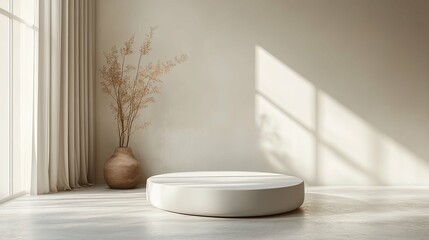 Minimalist White Pedestal with Dried Flowers in a Sunlit Room