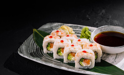 Fresh sushi platter with soy sauce