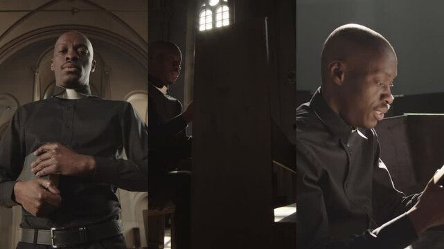 Split screen of African American pastor wearing black shirt praying to God on bench and looking at camera standing with Bible in Christian church