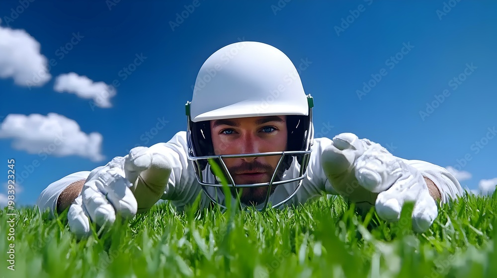 Poster dynamic cricket fielder executing a dramatic diving catch, showcasing agility and determination on t