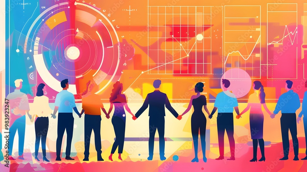Poster an illustration of a group of diverse business leaders holding hands in front of a large screen disp