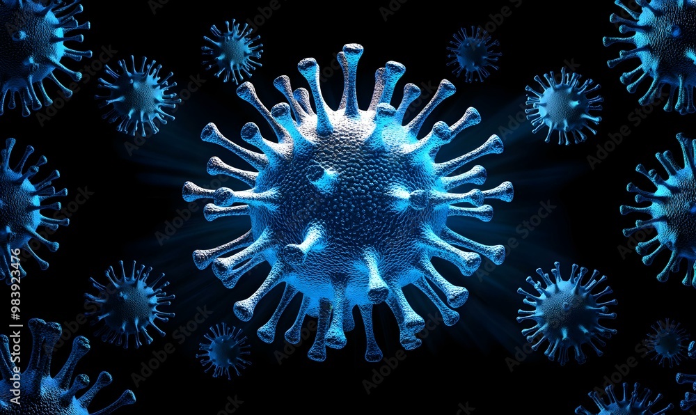 Poster electron microscope image revealing intricate details of virus structure, showcasing unique shapes a