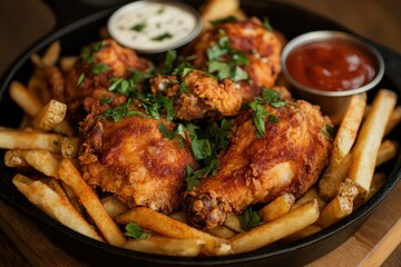 Fototapeta premium A hearty dish of crispy fried chicken with fries, surrounded by fresh parsley and spices