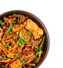 Spicy asian noodle stir-fry in bowl