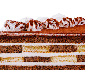 Delicious tiramisu cake decorated with whipping cream on white background