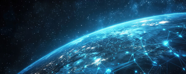 Obraz premium Global digital ecosystem featuring worldwide connectivity illustrated on wide banner format