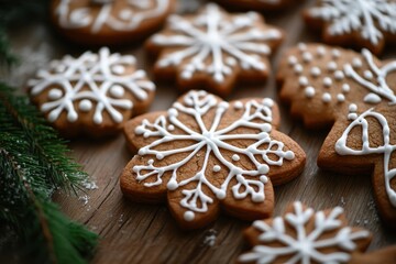 Close-up of gingerbread cookies decorated with icing and snowflakes, arranged on an old wooden table. The focus is sharp to capture the intricate designs and textures in each cookie. 