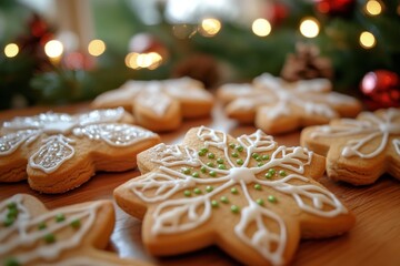 A close-up of gingerbread cookies with intricate designs, arranged on an elegant wooden table. The cookie shapes include snowflakes and stars