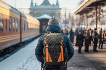 Fototapeta premium Traveler with backpack at winter train station in europe