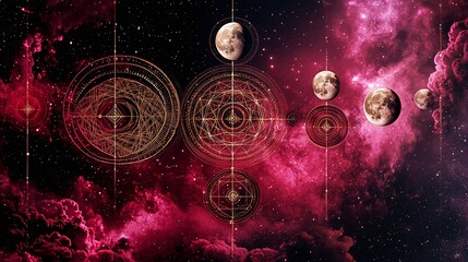 An intricate geometric pattern overlaid on a cosmic background of nebulae and moons.