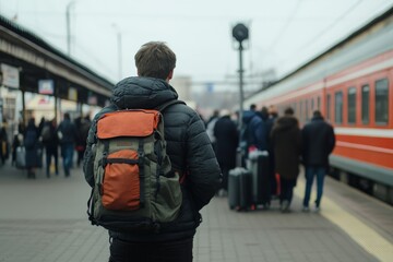 Fototapeta premium Traveler with backpack at train station platform in urban setting