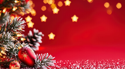 Obraz premium Festive Christmas decoration featuring a frosted tree branch, red ornaments, and glowing lights on a vibrant red background