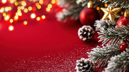 Obraz premium Festive arrangement of snow-dusted pine branches, red ornaments, and pinecones on a vibrant red background with sparkling lights