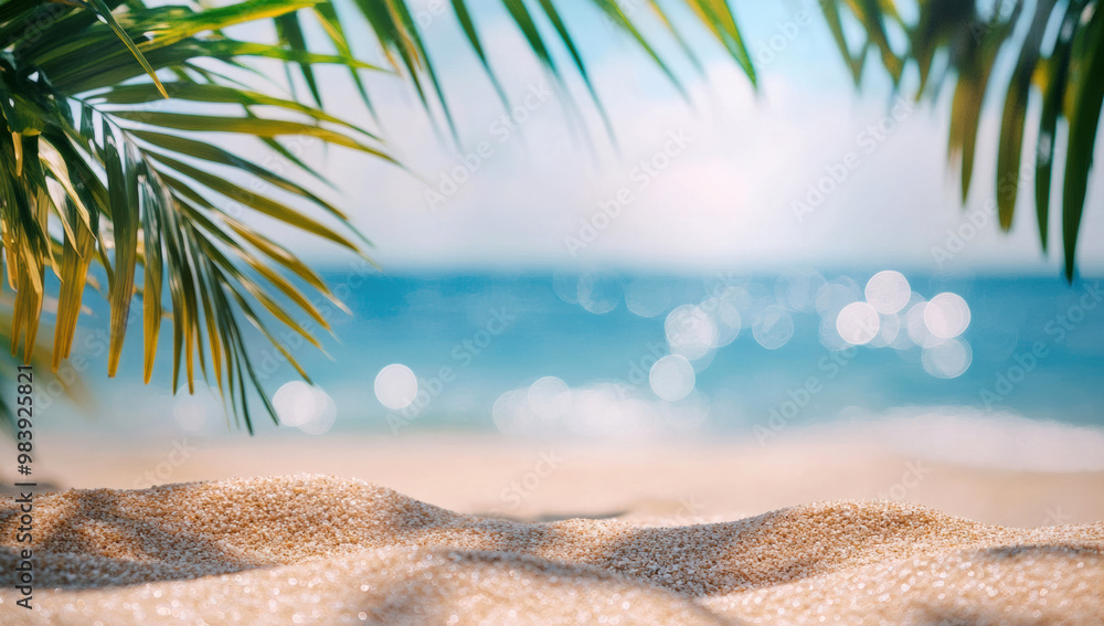 Poster blurred ocean waves with palm trees casting shadow on sandy beach