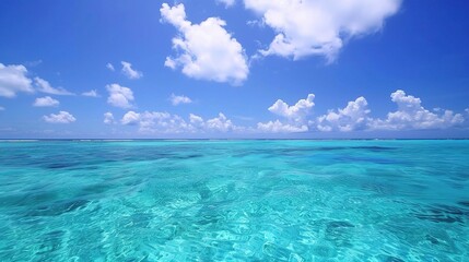 A beautiful scene of the blue ocean against the blue sky background. The ocean stretches out as far as the eye can see, with its surface glistening in the sunlight