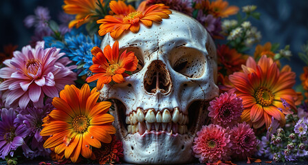 Still life with skull and flowers on dark background. Day Of The Dead.