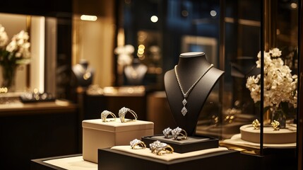 A custom jewelry collection featuring gold and diamond pieces, designed uniquely for high-end clientele, displayed in an elegant store with premium dcor