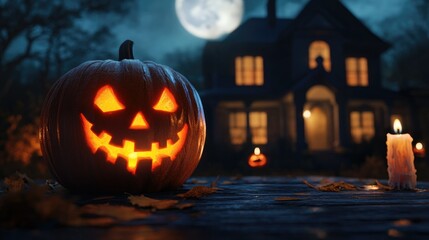 Halloween pumpkin with candlelight in front of a haunted house background,