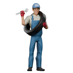 3D Male Mechanic Character. A male mechanic is standing holding a wrench in his right hand and holding a tire that is wrapped around his body in his left hand. Automotive Professional
