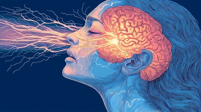 A detailed diagram showing the effects of MS on the brain visual cortex, causing vision problems in patients