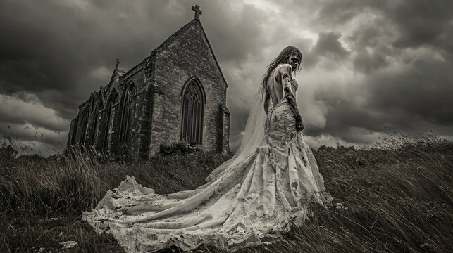 A zombie bride in a torn wedding dress, walking through a graveyard at dusk, with a veil dragging behind her.
