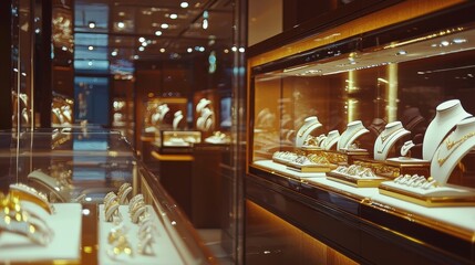 A jewelry shop with a wide variety of luxury pieces, including gold and diamond jewelry, presented in an elegant, high-class environment