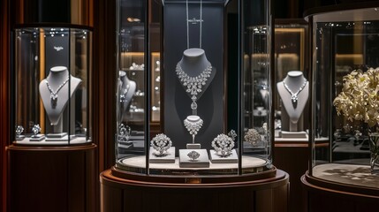 Fototapeta premium A luxurious diamond shop showcasing sparkling diamond rings, necklaces, and earrings displayed in elegant glass cases, with a refined atmosphere and sophisticated lighting
