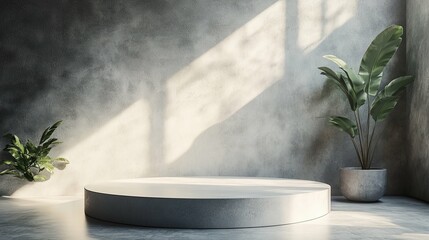 Concrete Platform with Greenery in a Sunlit Room