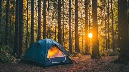 camping tent placed in evergreen forest with coniferous trees in sunset time in nature 