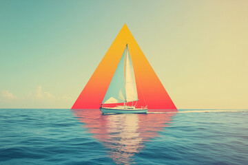 Fototapeta premium Surrealistisches Segelboot vor Ägyptischen Pyramiden in einer geometrischen Traumlandschaft, Kunst, Art, Wallpaper, Bildschirm Hintergrund