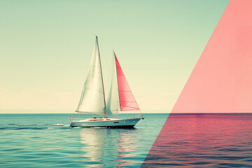 Fototapeta premium Surrealistisches Segelboot vor Ägyptischen Pyramiden in einer geometrischen Traumlandschaft, Kunst, Art, Wallpaper, Bildschirm Hintergrund