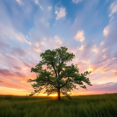 Fototapeta premium Wide angle shot of a single tree growing under a clouded sky during