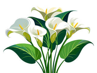 Elegant Calla Lily Vector Illustration - Sleek White Flower with Vibrant Yellow Spadix and Lush Green Leaves, Perfect for Weddings and Decor, Calla Lily Illustration