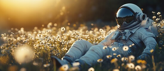 An astronaut resting peacefully in a field of daisies, basking in golden sunlight, blending nature with space exploration.