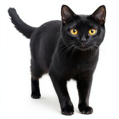 Fototapeta premium Black cat with arched back and glowing yellow eyes, standing on a clean white background