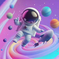 Fototapeta premium A cute astronaut floats in colorful space scene, surrounded by vibrant planets and rocket. whimsical atmosphere evokes sense of adventure and wonder