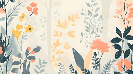 Minimalist Pastel Floral Botanical Seamless Background with Fauvist-Inspired Brushwork