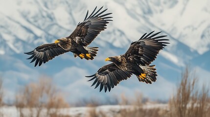 Fototapeta premium A pair of majestic eagles soaring high above a mountain range