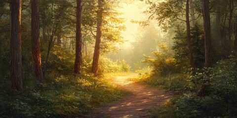 Obraz premium A serene, sunlit path in a dense forest, with tall trees and green underbrush,