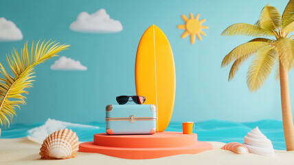 summer beach scene featuring surfboard, sunglasses, and suitcase, evoking sense of adventure and relaxation. bright colors and tropical elements create cheerful atmosphere