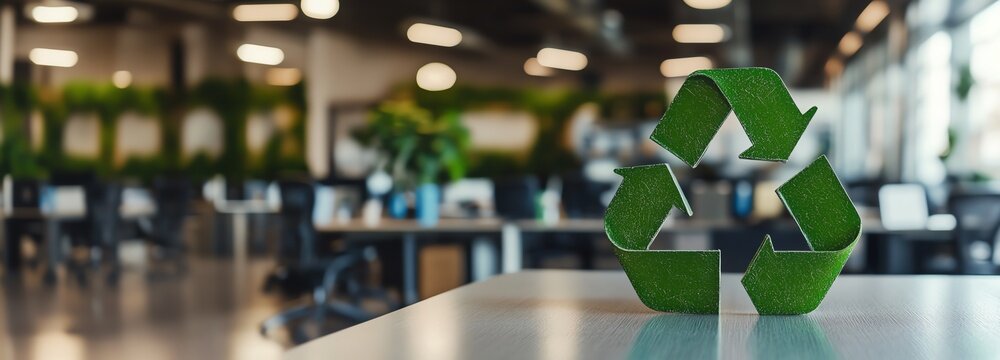 A green recycling symbol on a modern office desk, representing sustainability and eco-friendly practices in a workspace.