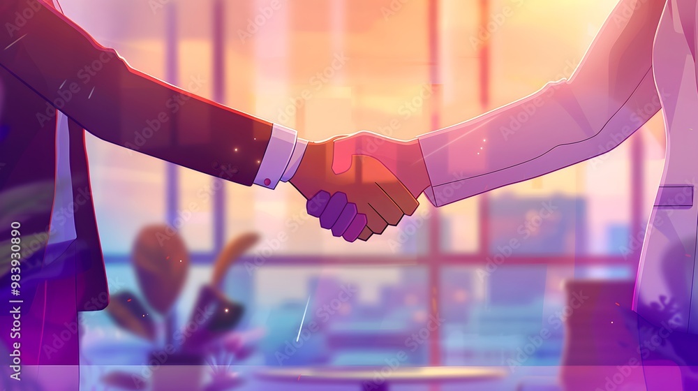 Poster an illustration of a group of diverse business leaders holding hands in front of a large screen disp
