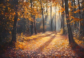 Obraz premium Autumn forest floor, sunlit leaves, warm & serene ambiance.