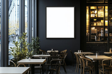 A modern cafe interior featuring black wall, large windows, and blank frame. inviting atmosphere is enhanced by wooden furniture and well stocked counter, perfect for relaxation