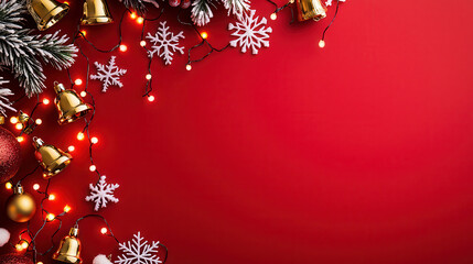 Festive holiday decorations featuring golden bells, snowflakes, and ornaments on a vibrant red background, creating a cheerful atmosphere