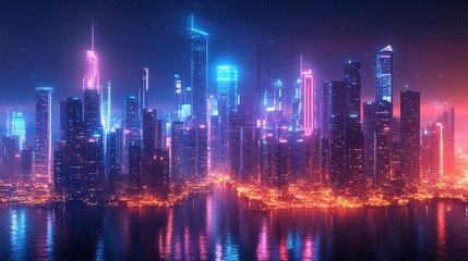 Fototapeta premium Futuristic Neon Cityscape with Reflecting Lights on Water