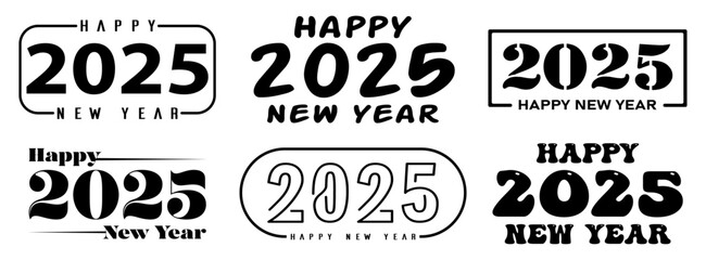 Big Set of 2025 Happy New Year logo text design. 2025 number design template. Collection of 2023 Happy New Year symbols. Vector illustration with black labels isolated on white background.