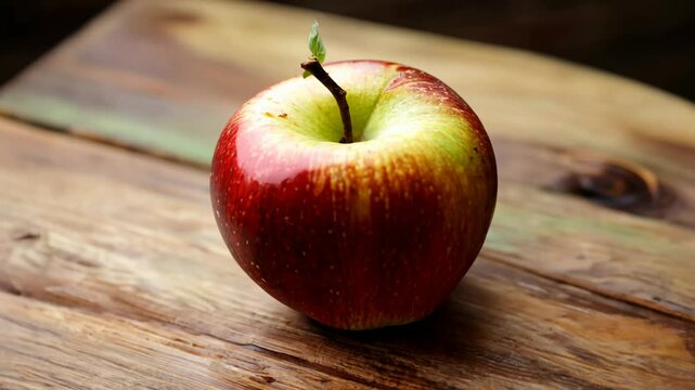 360-degree video, soft light. Side view, camera films rotation of red apple.