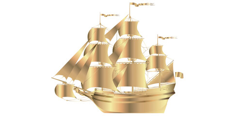 Vintage Golden Ship Vector Illustration.	
