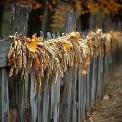 A rustic wooden fence adorned with garlands of corn husks and dried wheat, [Thanksgiving], [harvest celebration]